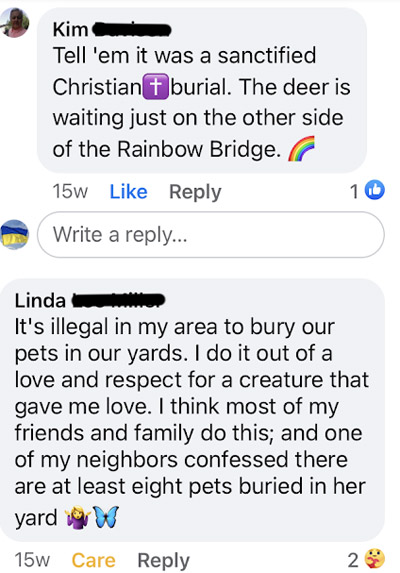 Kim's response: Tell 'em it was a sanctified Christian purple cross emoji burial. The deer is waiting just on the other side of the Rainbow Bridge. rainbow emoji. Linda's comment: It's illegal in my area to bury our pets in our yards. I do itout of a love and respect for a creature that gave me love. I think most of my friends and family do this; and one of my neighbors confessed there are at least eight pets buried in her yard. woman with hands up emoji. turquoise butterfly emoji.